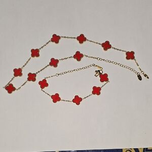 Elegant Red Clover Necklace & Bracelet Set